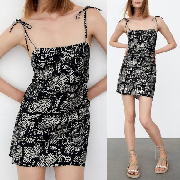 NEW Zara Silky Adjustable Tie Straps Straight Neck Printed Mini Dress Black L - Picture 1 of 9